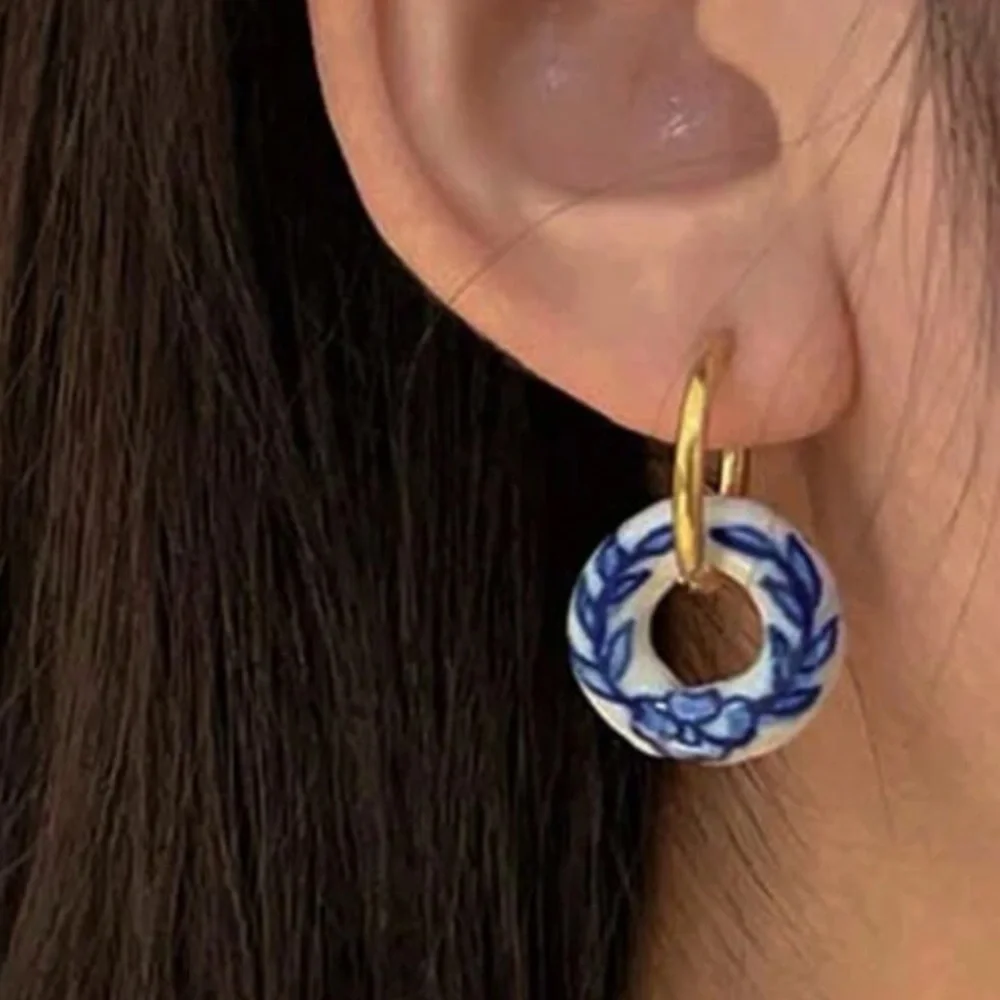 Blue White Porcelain Hoop Earrings Gold Small Hoops with Floral Ceramic Donut - Picture 4 of 5